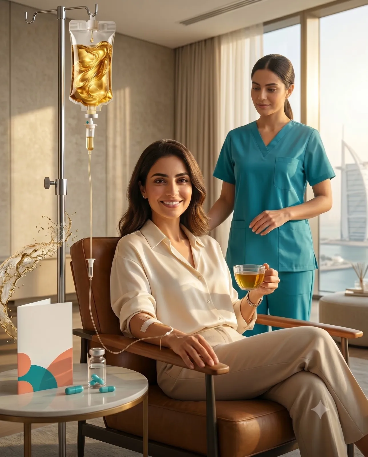 Nurse administering IV infusion therapy at home in Dubai